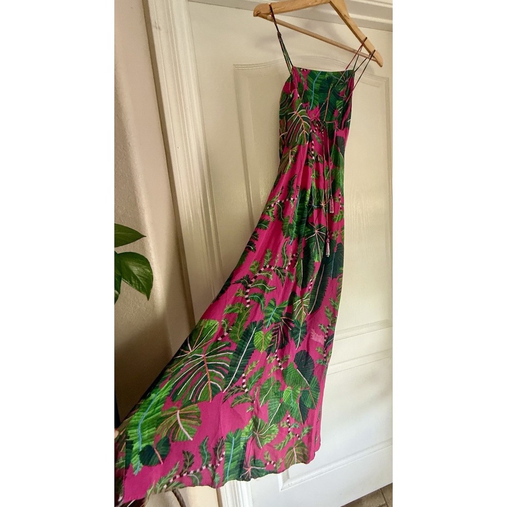 Farm Rio Leaves Pink Midi Dress XS Strappy Ruched Front Slit Tropical Print - Picture 4 of 16